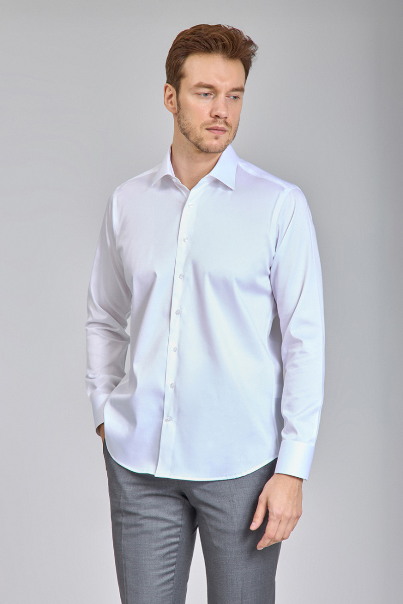 Beyaz Saten Uzun Kol Klasik Erkek Gömlek   - 2