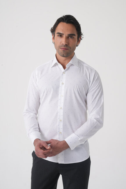 Beyaz Uzun Kol Cepsiz Erkek Gömlek   - 2