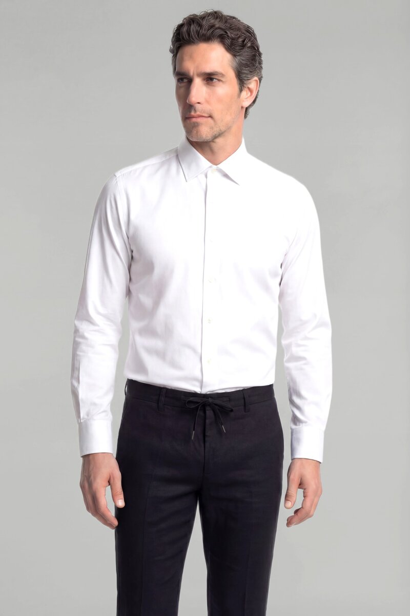 Beyaz Uzun Kol Klasik Yaka Örme Cepsiz Erkek Gömlek   - 1