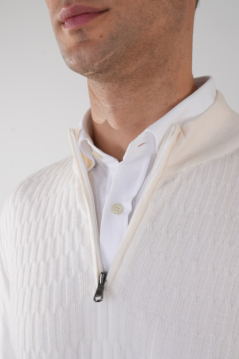 Beyaz Yarım Balıkçı Fermuarlı Full Jakar Yün Erkek Triko - 3
