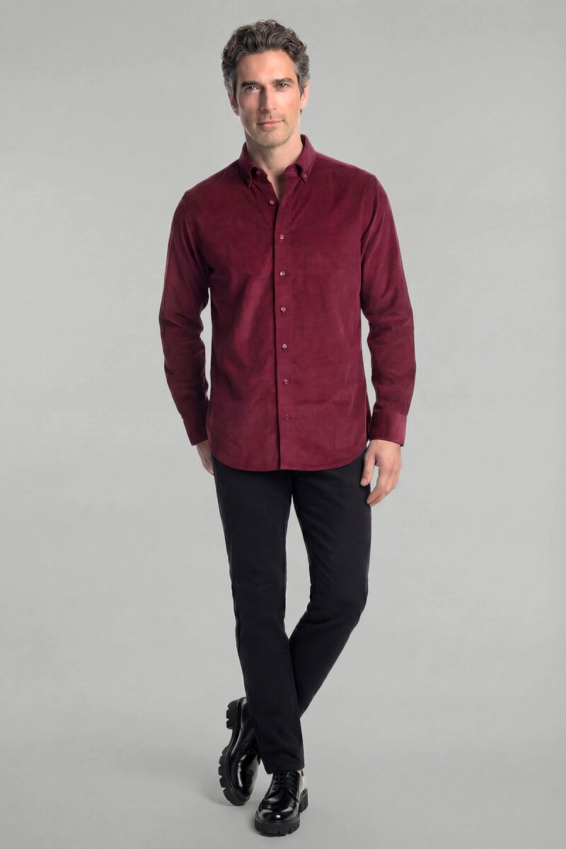 Regular Fit Paşa Yaka Pamuk Bordo Erkek Gömlek - 3