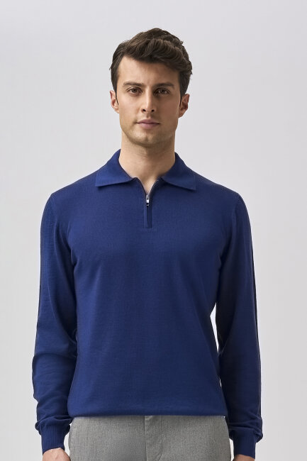 Bisse Studio Erkek Polo Yaka Fermuarlı Triko Açık Lacivert - 5