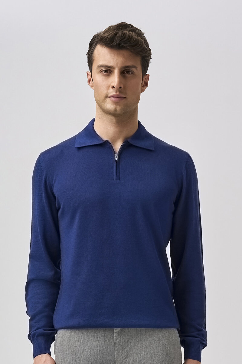 Bisse Studio Erkek Polo Yaka Fermuarlı Triko Açık Lacivert - 5