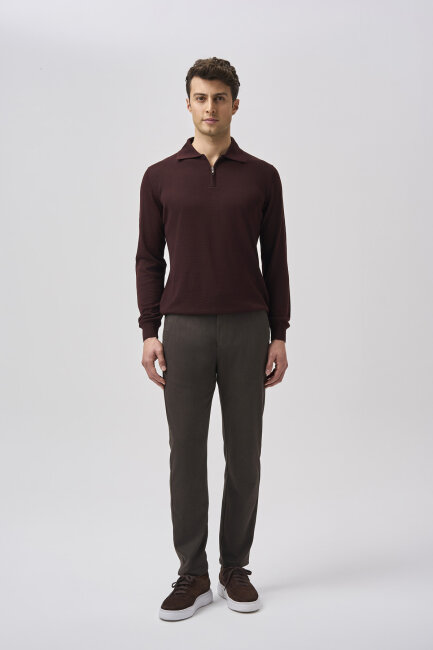 Bordo Regular Fit Yün Fermuarlı  Polo Yaka Triko 