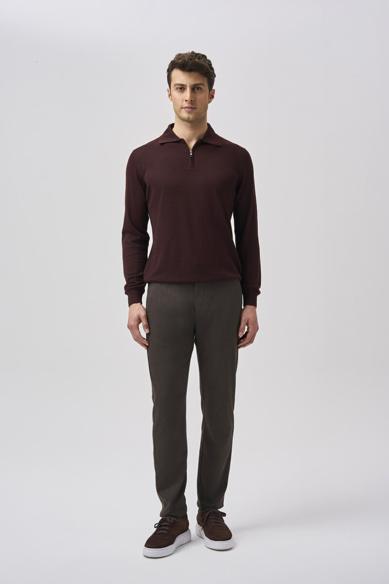 Bordo Regular Fit Yün Fermuarlı Polo Yaka Triko - 1