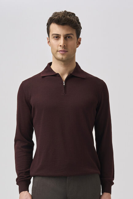 Bordo Regular Fit Yün Fermuarlı Polo Yaka Triko - 5