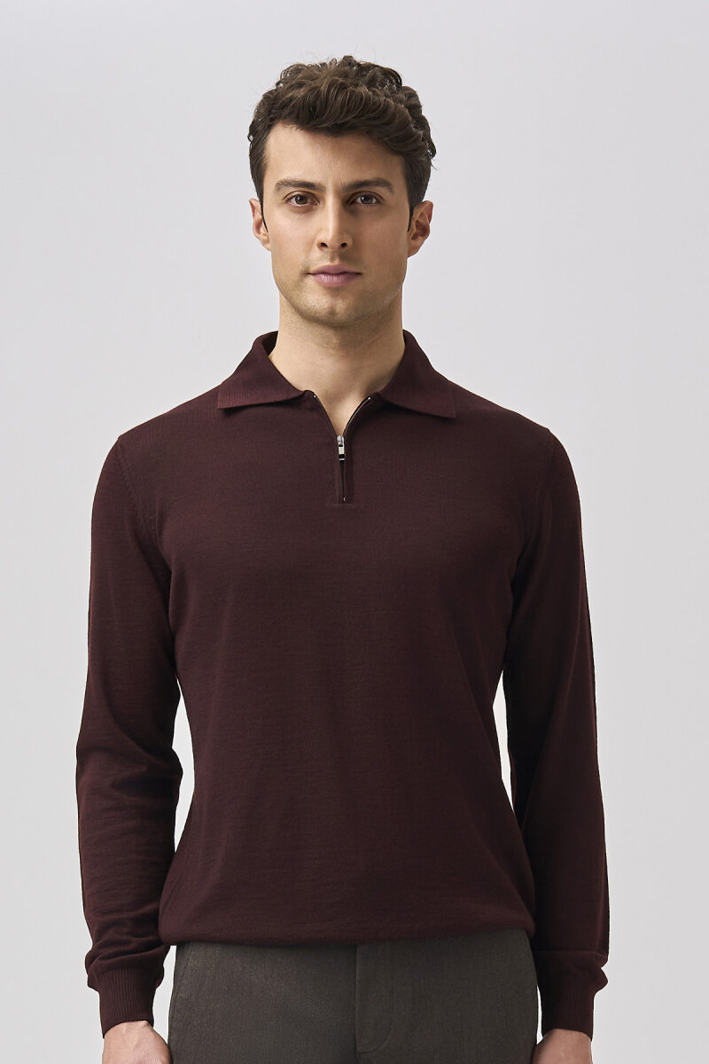 Bordo Regular Fit Yün Fermuarlı Polo Yaka Triko - 5