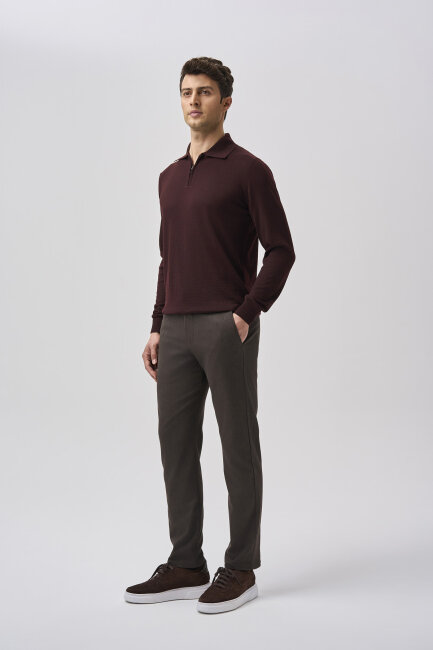 Bordo Regular Fit Yün Fermuarlı Polo Yaka Triko - 2