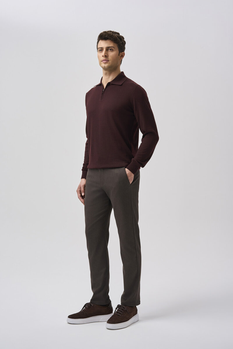 Bordo Regular Fit Yün Fermuarlı Polo Yaka Triko - 2