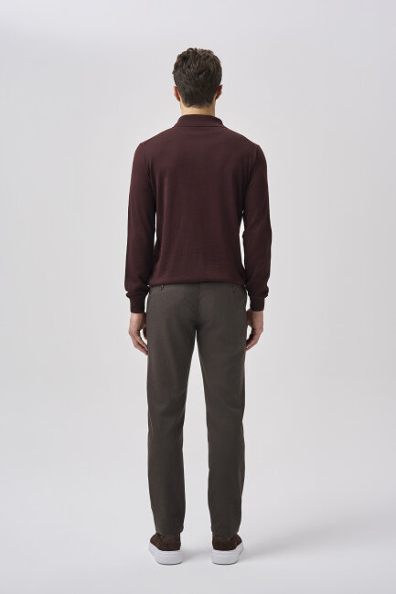 Bordo Regular Fit Yün Fermuarlı Polo Yaka Triko - 3