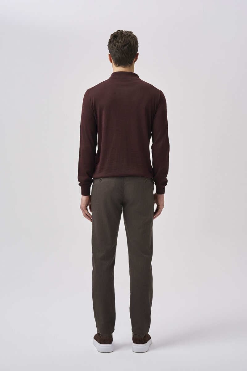 Bordo Regular Fit Yün Fermuarlı Polo Yaka Triko - 3