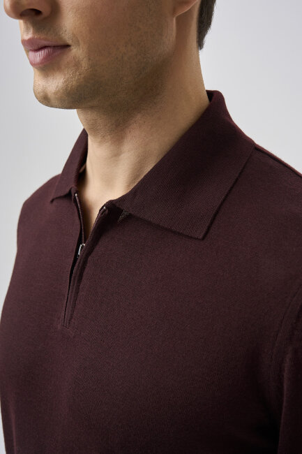 Bordo Regular Fit Yün Fermuarlı Polo Yaka Triko - 4