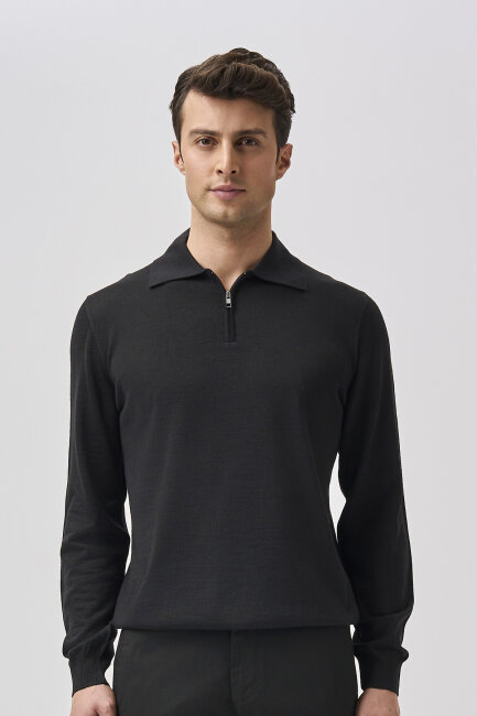 Bisse Studio Erkek Polo Yaka Fermuarlı Triko Sıyah - 5