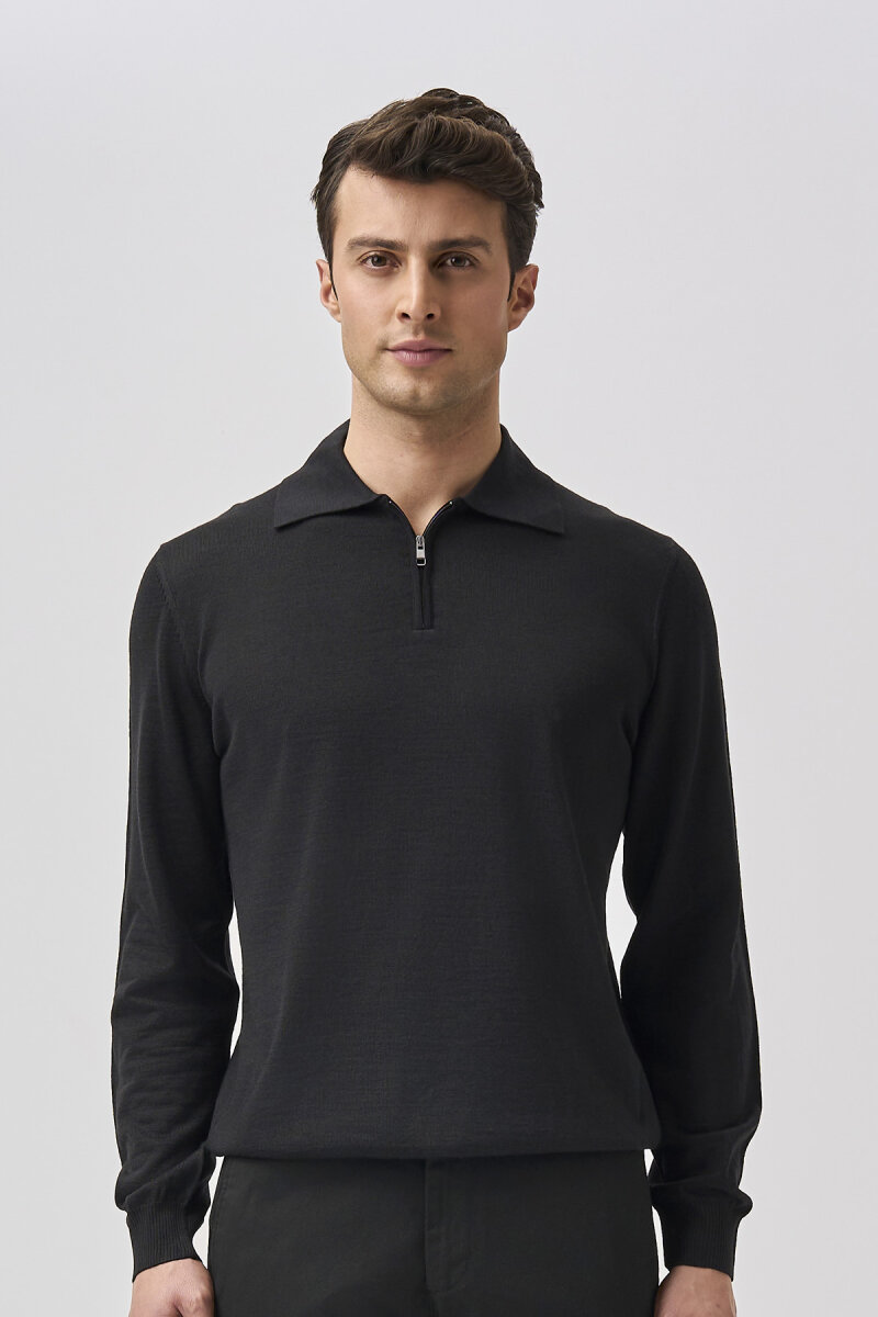 Bisse Studio Erkek Polo Yaka Fermuarlı Triko Sıyah - 5