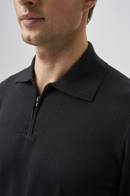 Bisse Studio Erkek Polo Yaka Fermuarlı Triko Sıyah - 4