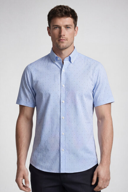 Bisse Studio Erkek Regular Fit Kısa Kol Paşa Yaka Cepsiz Pamuk Mavi Gömlek - 1