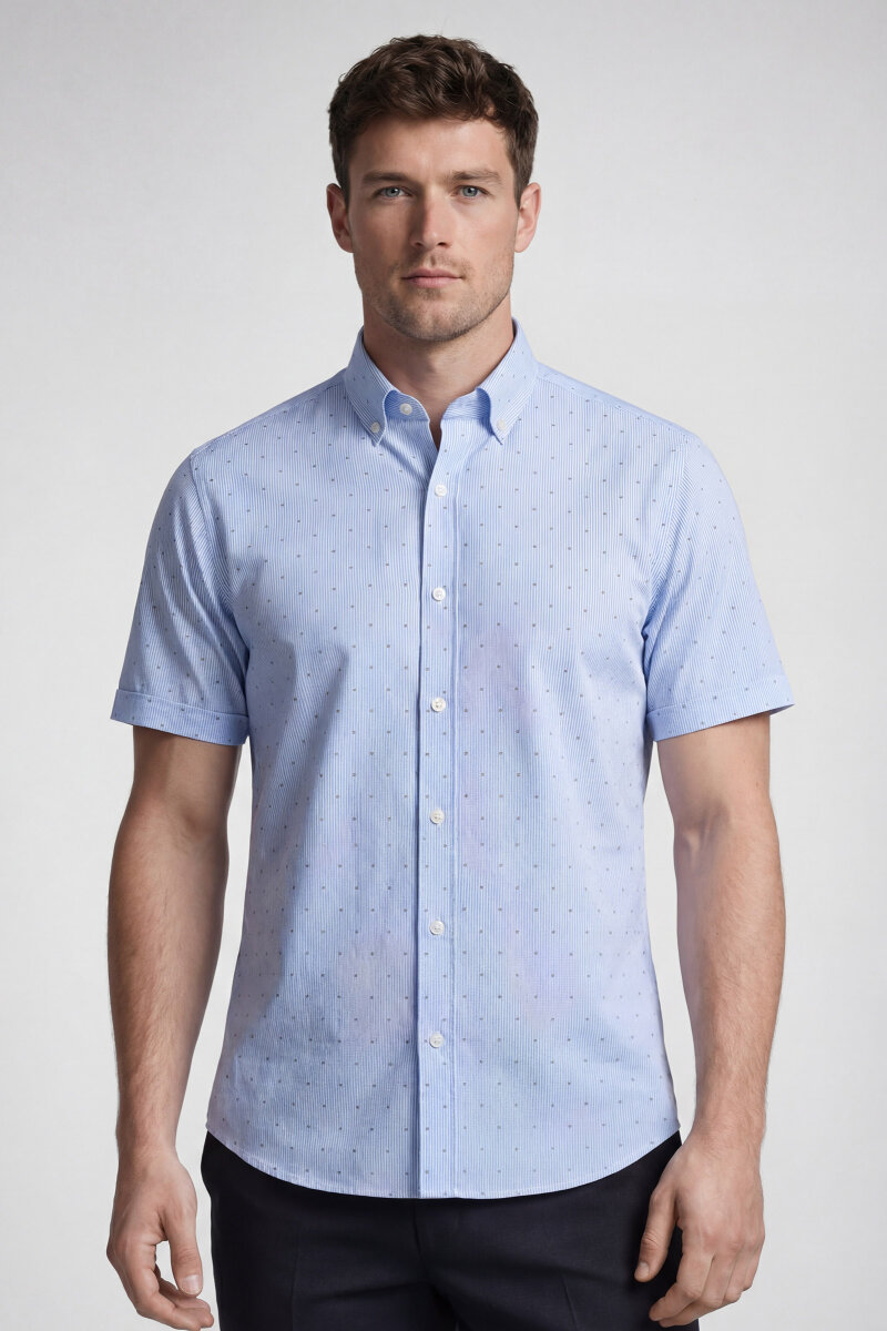 Bisse Studio Erkek Regular Fit Kısa Kol Paşa Yaka Cepsiz Pamuk Mavi Gömlek - 1