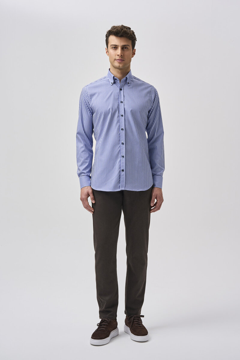 Bisse Studio Erkek Uzun Kollu Çizgili Pamuk Mavi Çıtçıtlı Gömlek - 1