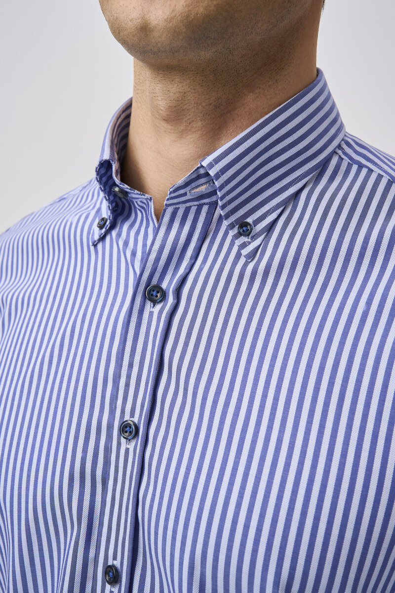 Bisse Studio Erkek Uzun Kollu Çizgili Pamuk Mavi Çıtçıtlı Gömlek - 4