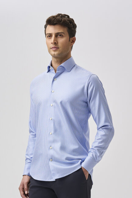 Bisse Studio Uzun Kollu Regular Fit İtalyan Yaka Cepsiz Erkek Gömlek Mavi - 5