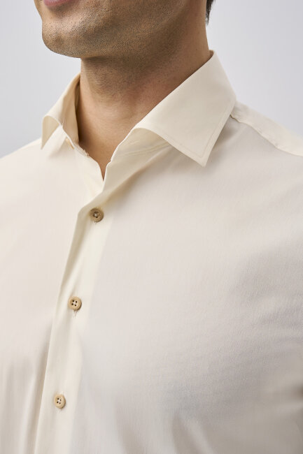 Bisse Uzun Kollu İtalyan Yaka Cepsiz Ekru Gömlek - 4