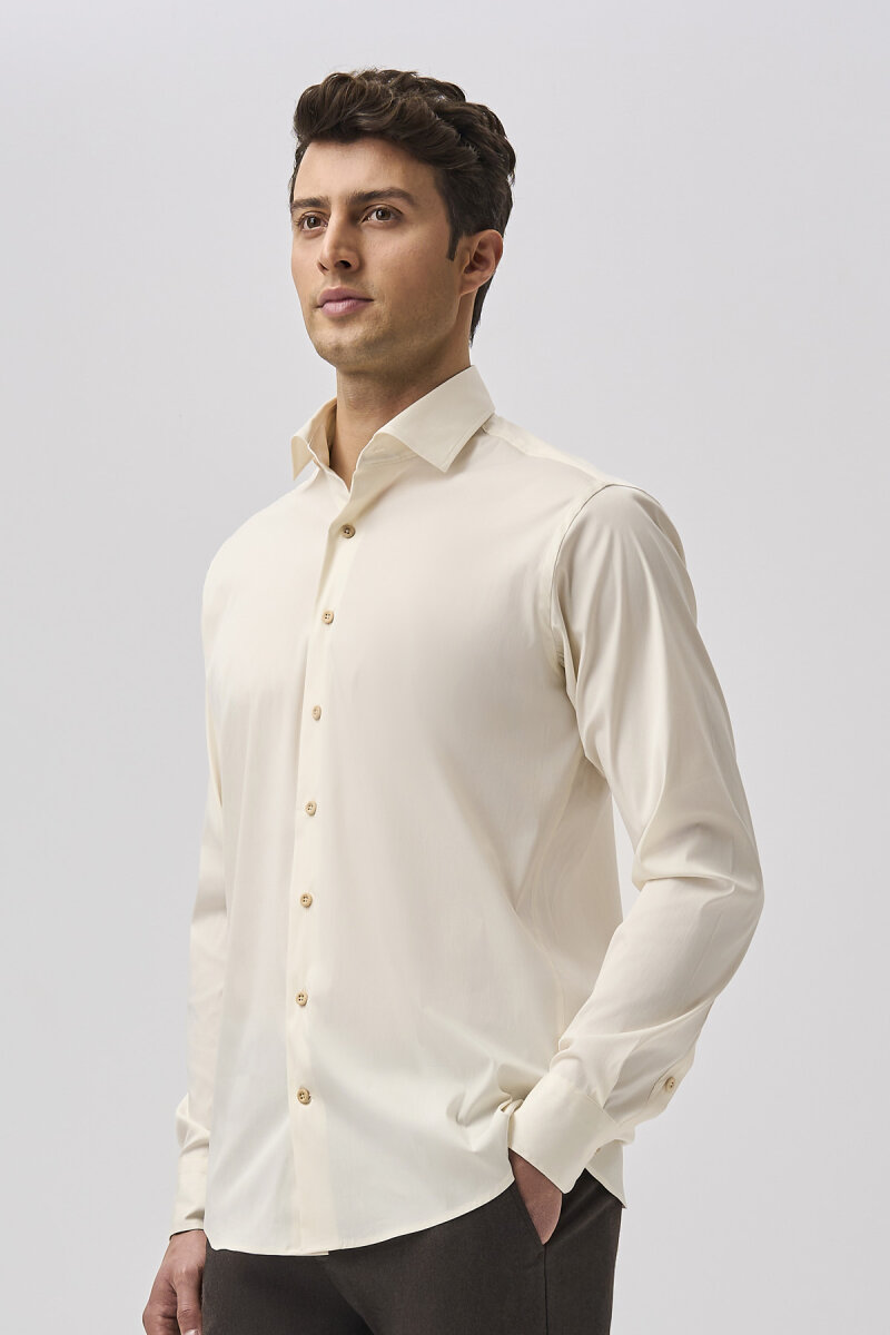 Bisse Uzun Kollu İtalyan Yaka Cepsiz Ekru Gömlek - 5
