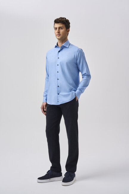 Bisse Uzun Kollu İtalyan Yaka Cepsiz Mavi Gömlek - 2