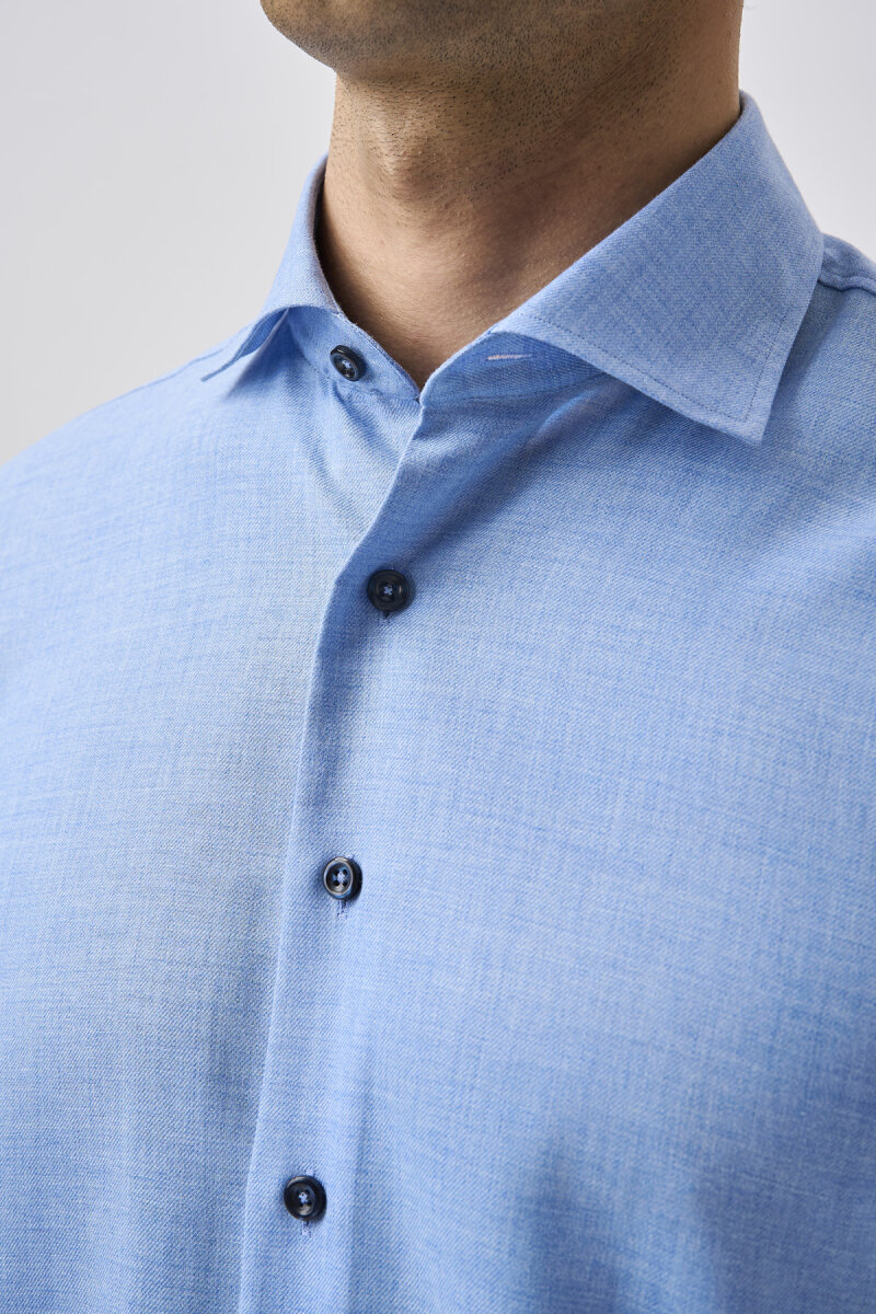 Bisse Uzun Kollu İtalyan Yaka Cepsiz Mavi Gömlek - 4