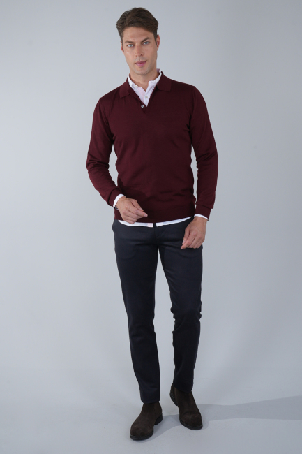 Bordo Düğmeli Polo Yaka Erkek Yün Triko - 5
