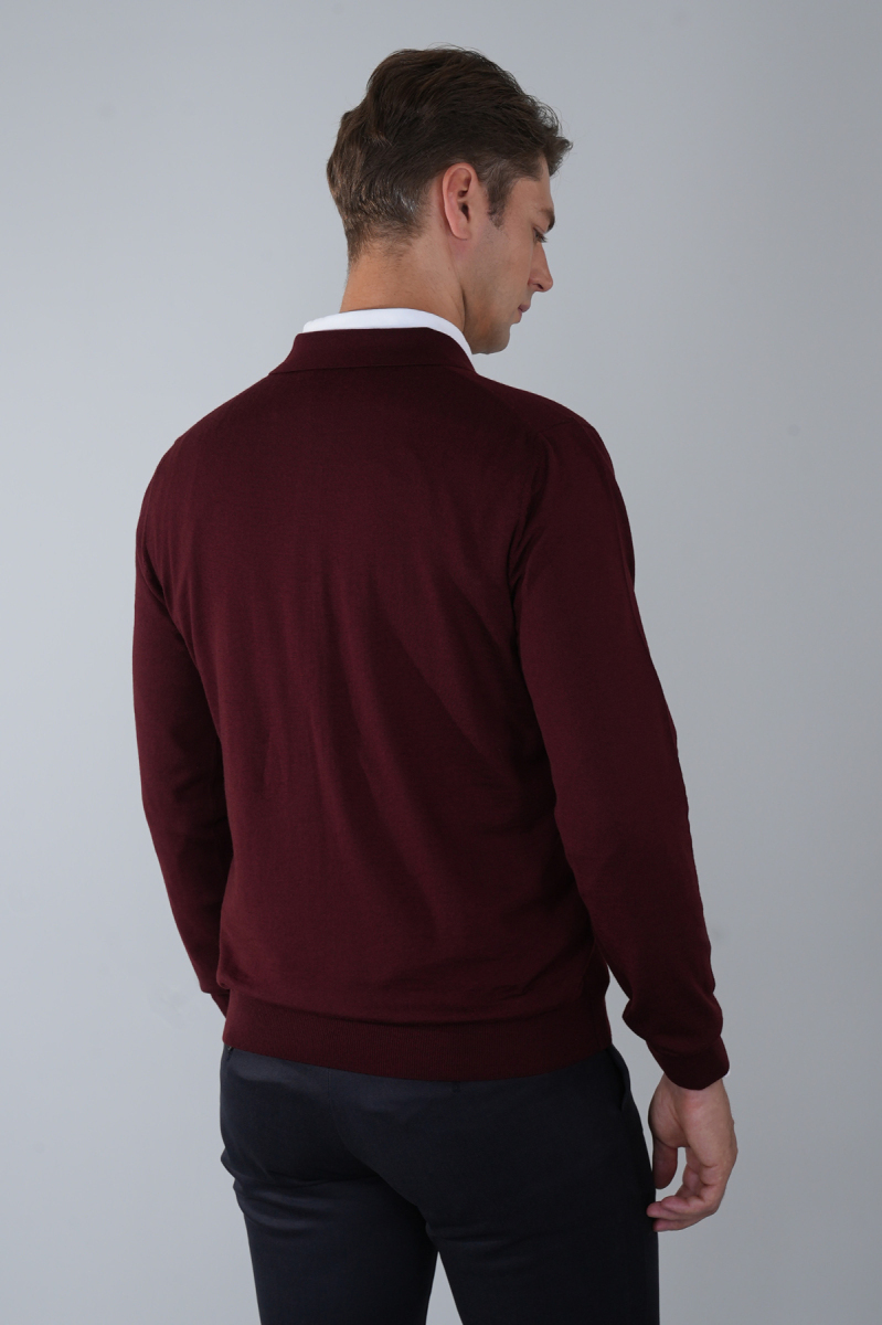 Bordo Düğmeli Polo Yaka Erkek Yün Triko (1)