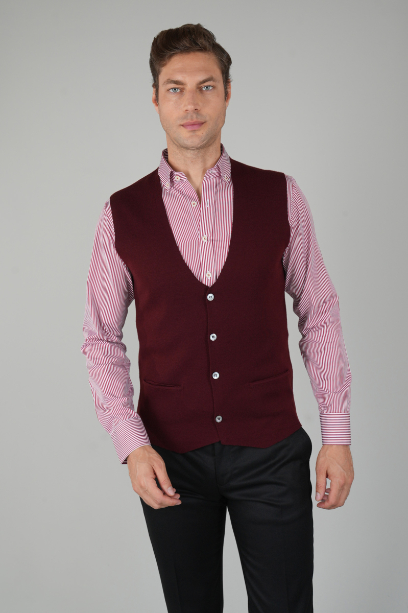 Bordo Düz Triko Yün Erkek Yelek - 1