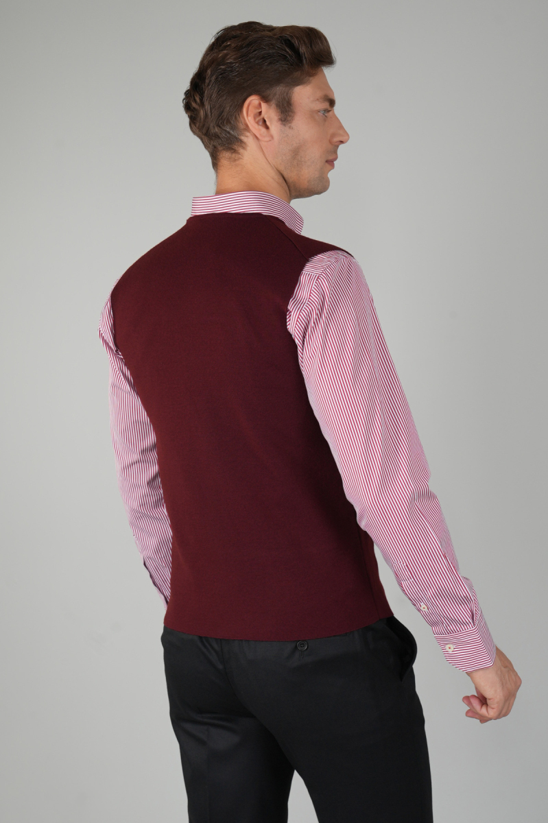 Bordo Düz Triko Yün Erkek Yelek - 2