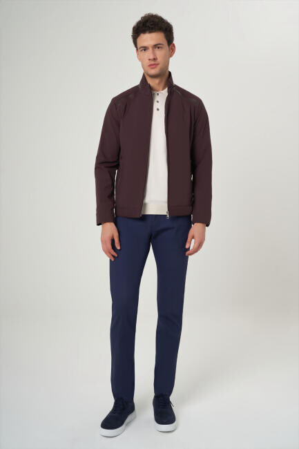 Bordo Erkek Fermuarlı Deri Detaylı Mont - 4