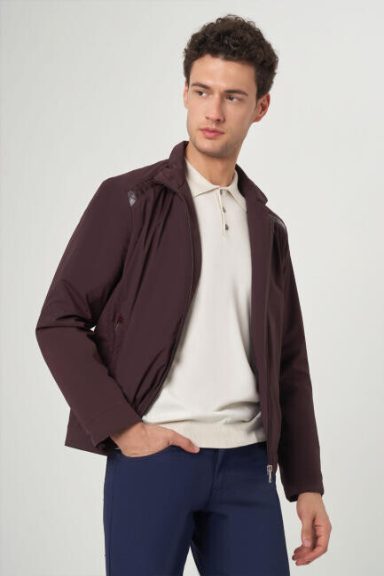 Bordo Erkek Fermuarlı Deri Detaylı Mont - 3