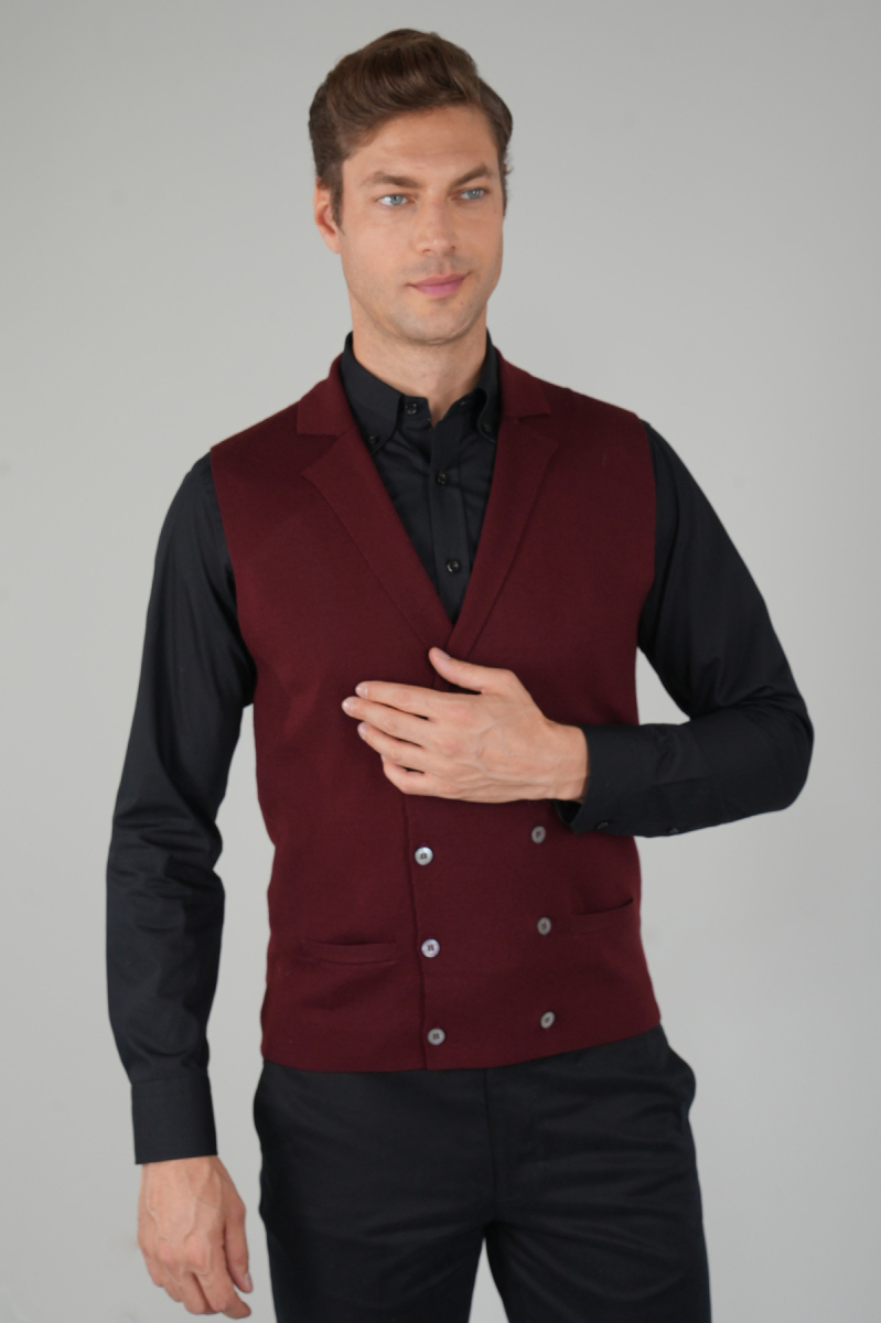 Bordo Kruvaze Yün Erkek Yelek - 1
