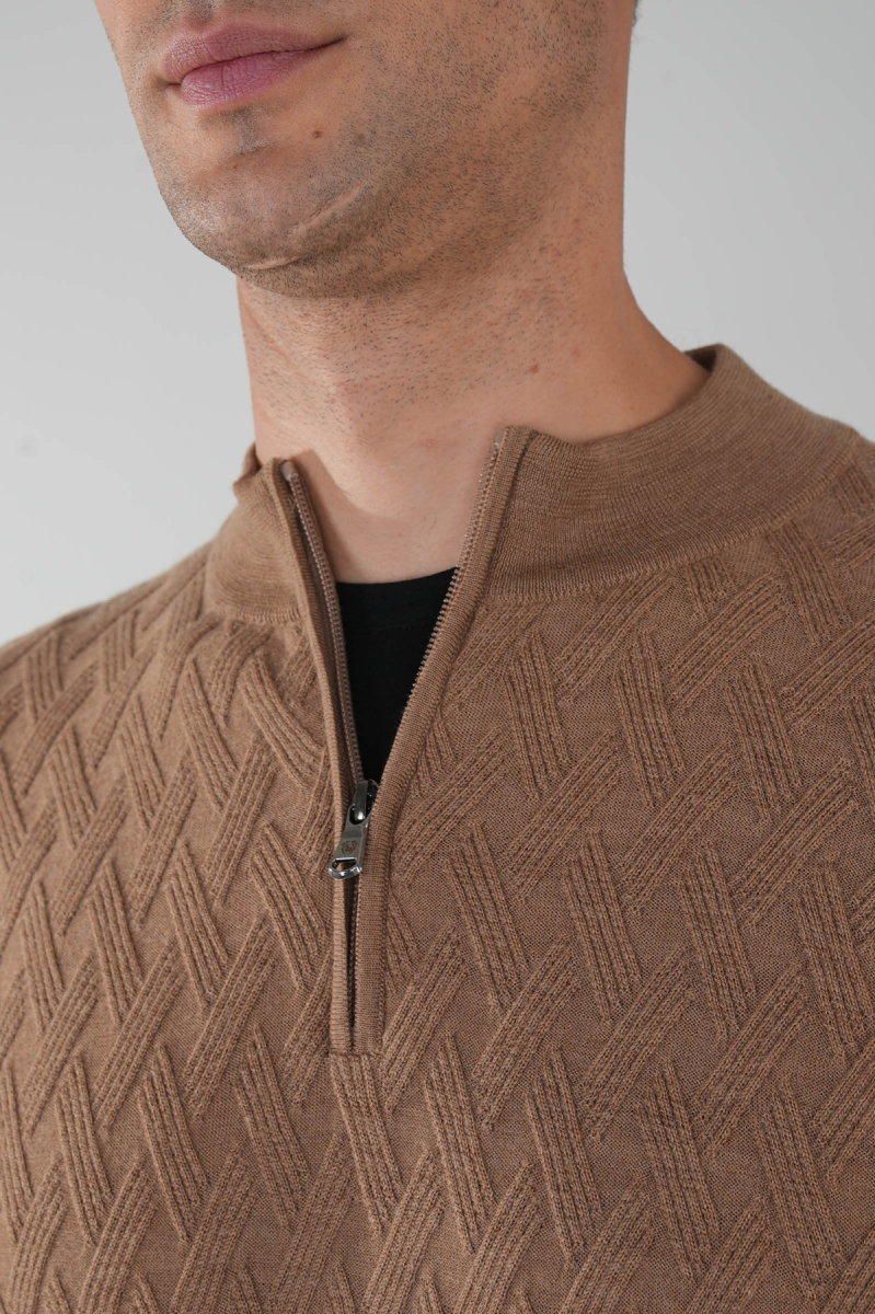 Camel Yarım Balıkçı Yaka Fermuar Detaylı Jakarlı Erkek Triko - 3