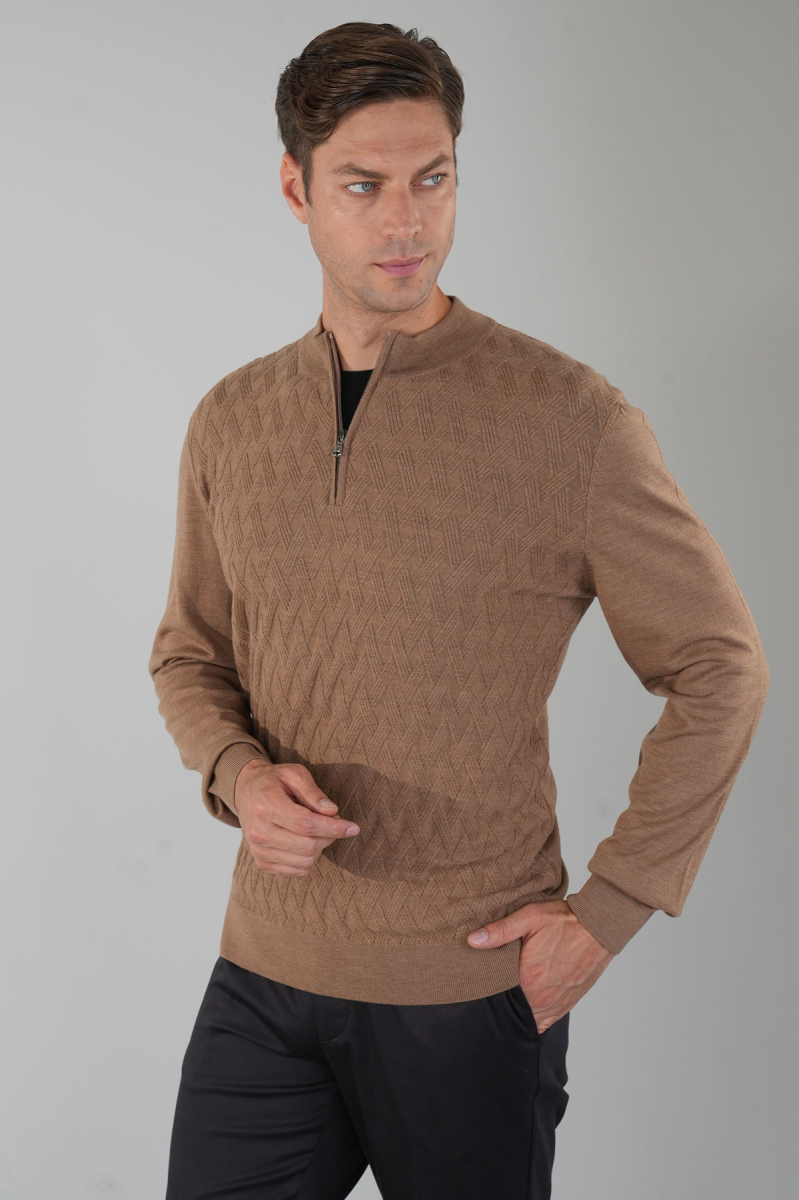 Camel Yarım Balıkçı Yaka Fermuar Detaylı Jakarlı Erkek Triko