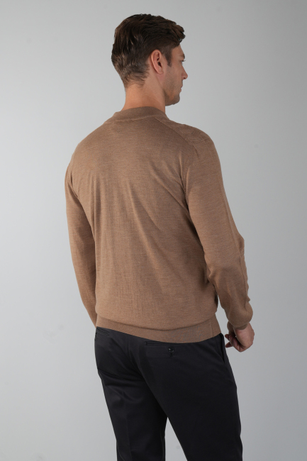 Camel Yarım Balıkçı Yaka Fermuar Detaylı Jakarlı Erkek Triko - 2