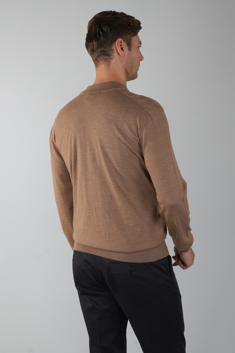 Camel Yarım Balıkçı Yaka Fermuar Detaylı Jakarlı Erkek Triko (1)
