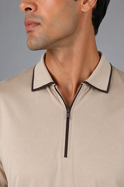 Bej Çerçeve Polo Yaka Fermuarli T-shirt (2)
