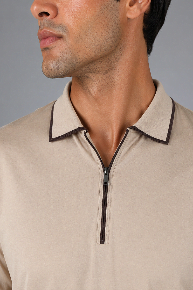 Bej Çerçeve Polo Yaka Fermuarli T-shirt - 3
