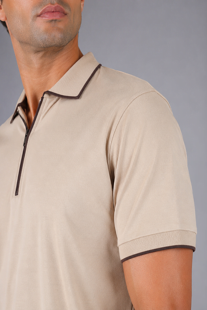 Bej Çerçeve Polo Yaka Fermuarli T-shirt - 4
