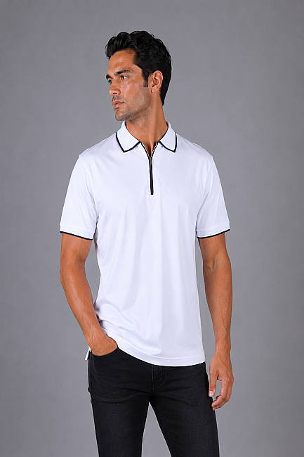 Beyaz Çerçeve Polo Yaka Fermuarli T-shirt