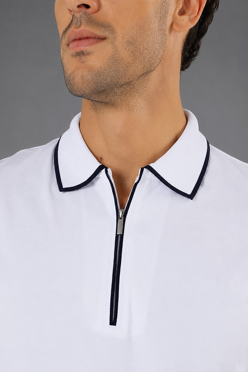 Beyaz Çerçeve Polo Yaka Fermuarli T-shirt - 3