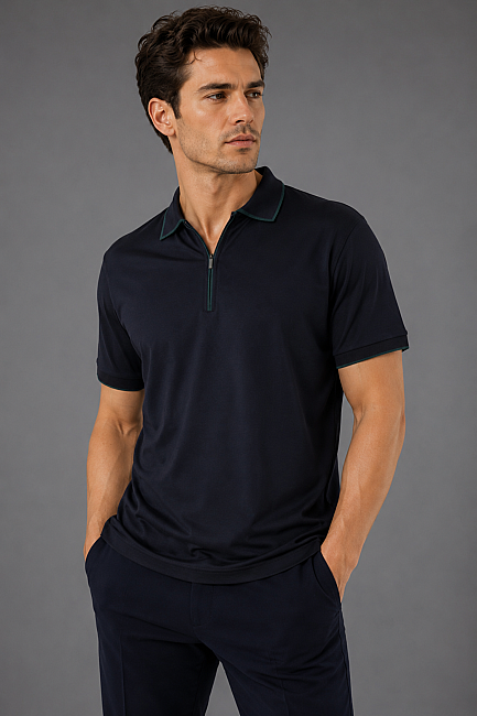 Lacivert Çerçeve Polo Yaka Fermuarli T-shirt