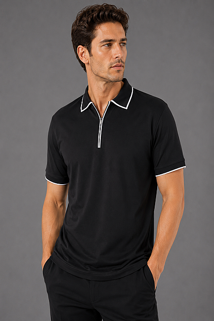 Si̇yah Çerçeve Polo Yaka Fermuarli T-shirt