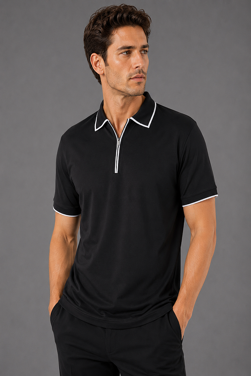 Si̇yah Çerçeve Polo Yaka Fermuarli T-shirt