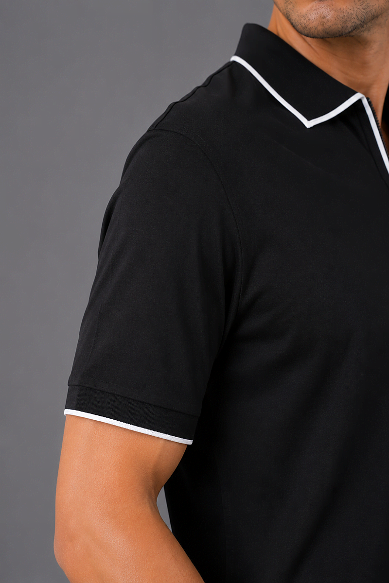 Si̇yah Çerçeve Polo Yaka Fermuarli T-shirt - 4