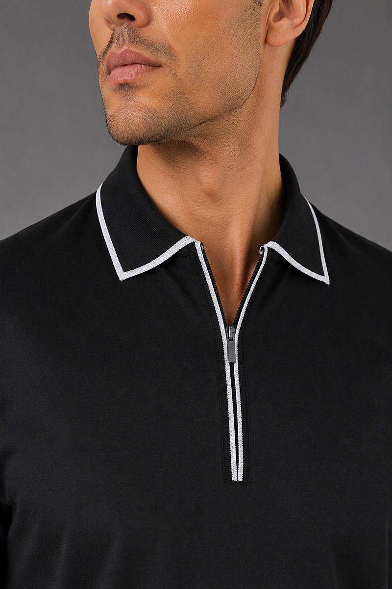 Si̇yah Çerçeve Polo Yaka Fermuarli T-shirt - 3
