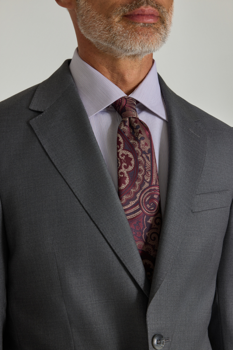 Comfort Fit 6 Drop Dokuma Mono Yaka Çift Yırtmaçlı Gri Erkek Takım Elbise - 5